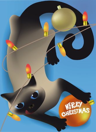 Siamese cat playing with Christmas decorations, holiday cardのイラスト素材