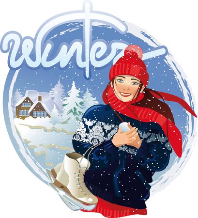 Smiling girl in winter clothes on a snowy dayのイラスト素材