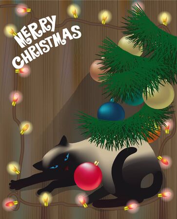 Siamese cat sleeping under Christmas treeのイラスト素材