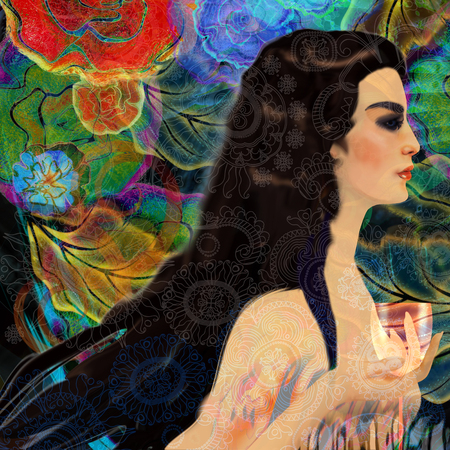 stylized woman face on a floral  backgroundの写真素材