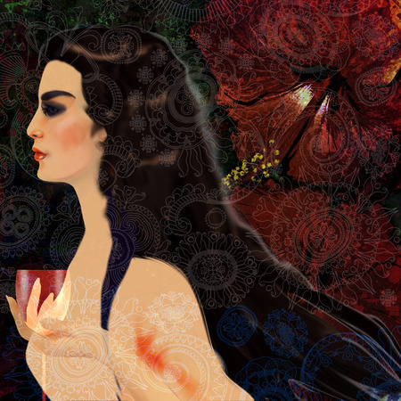 stylized woman face on a floral backgroundの写真素材