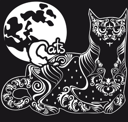 lying black cat against the moon, the inscription and symbolsのイラスト素材