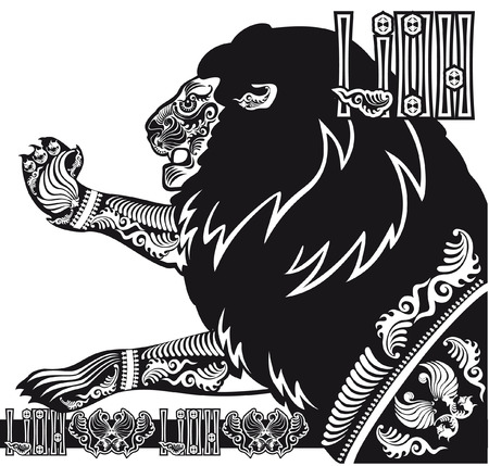 black and white patterned silhouette of a lion's head in profileのイラスト素材