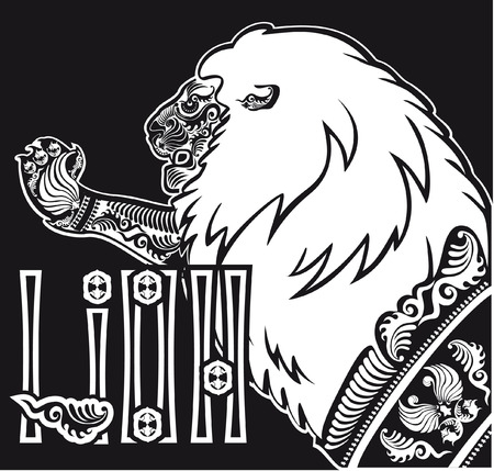 black and white patterned silhouette of a lion's head in profileのイラスト素材