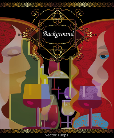wine menu background,stylized wine bottles and peoplesのイラスト素材