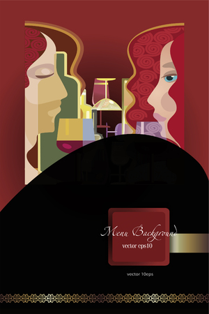 wine menu background,stylized wine bottles and peoplesのイラスト素材