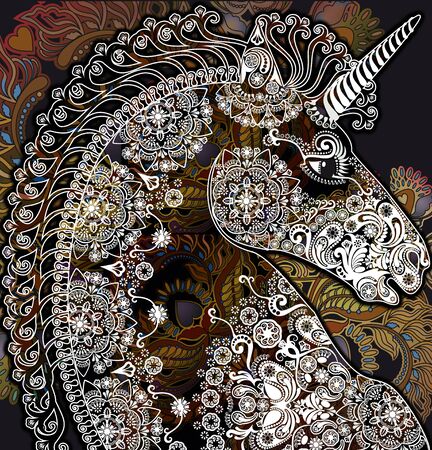 stylized  profile unicorn head, floral colored backgroundの写真素材