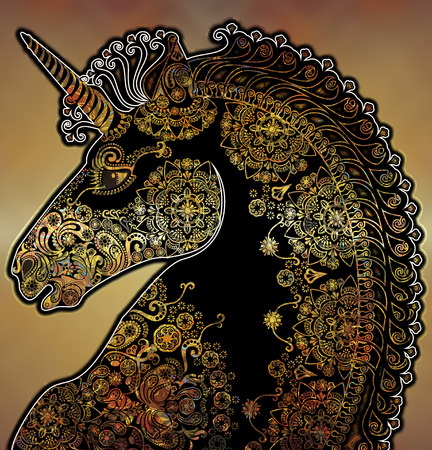 stylized  profile unicorn head, floral colored backgroundの写真素材