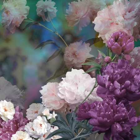 bouquet peonies, floralpastel color backgroundの写真素材