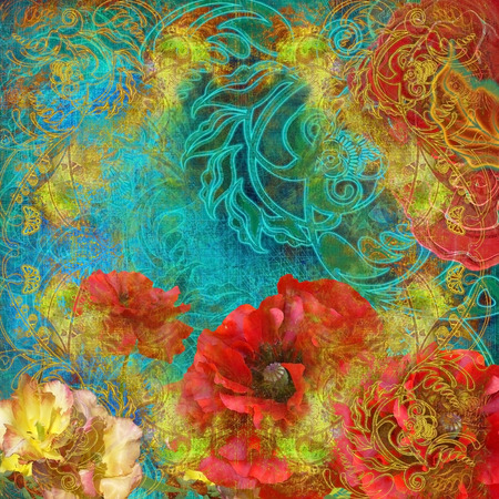 abstract motley floral design on turquoiseの写真素材