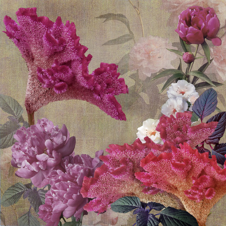 pastel colored bouquet flowers on shabby backgroundの写真素材