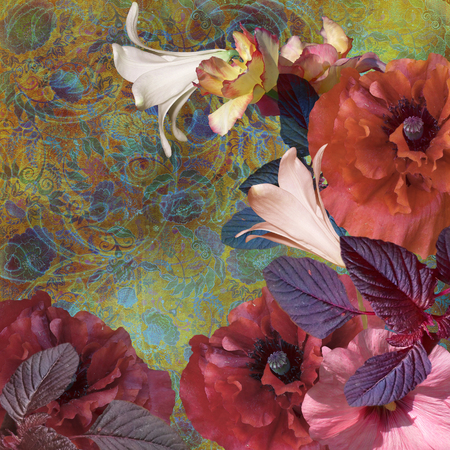 floral design on yellow patterned backgroundの写真素材