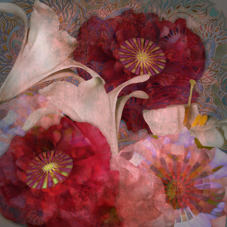 abstract background pink flowerson on a shabby backgroundの写真素材