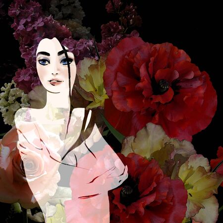 portrait of beautiful brunette on floral backgroundの写真素材