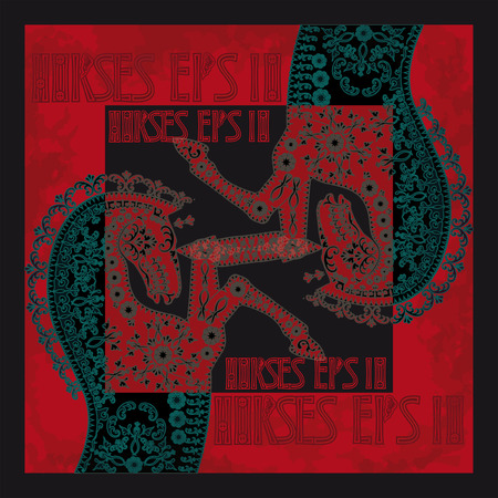patterned silhouette of a head horse on a black and red spotted backgroundのイラスト素材