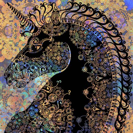colored unicorn on black backgroundの写真素材