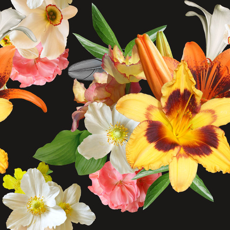 bouquet of spring flowers on a black background seamlessの写真素材