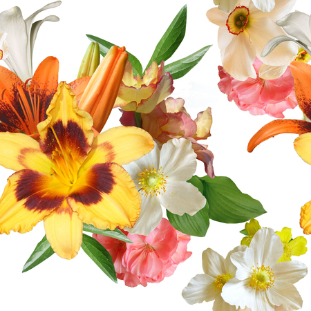 bouquet of spring flowers on a white background seamlessの写真素材