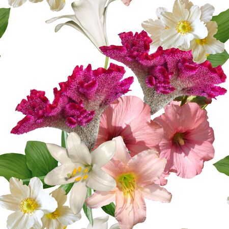 bouquet of spring flowers on a white background seamlessの写真素材
