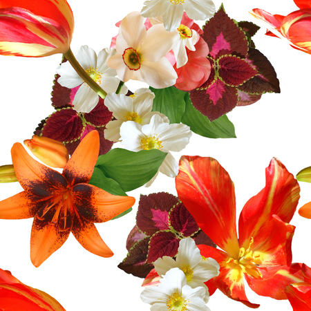 bouquet of spring flowers on a white background seamlessの写真素材