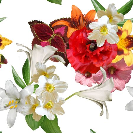 bouquet of spring flowers on a white background seamlessの写真素材