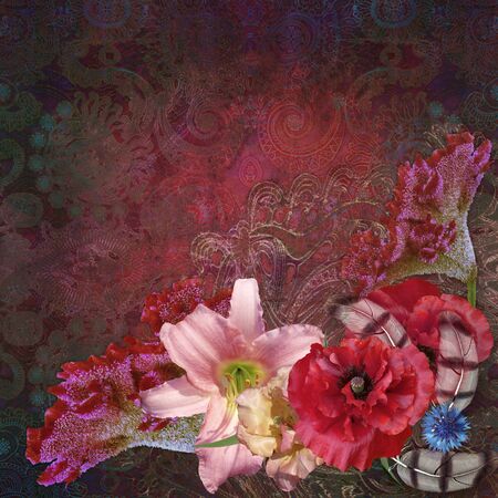 bouquet on floral pattern dark red backgroundの写真素材