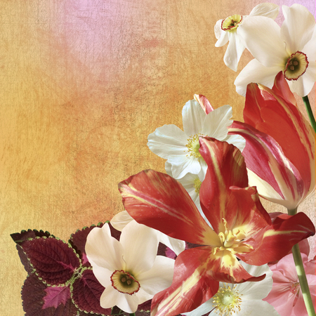floral bouquet on worn golden backgroundの写真素材