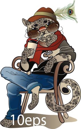 happy cat drinking coffee sitting on a chairのイラスト素材