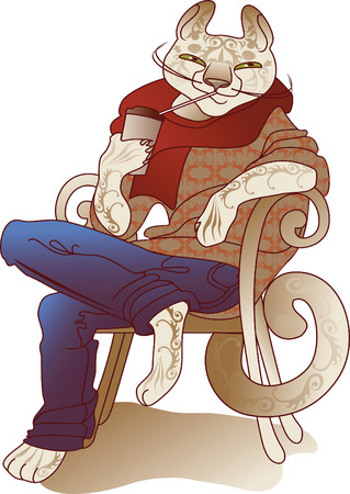 happy cat drinking coffee sitting on a chairのイラスト素材