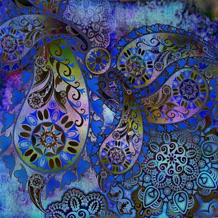 oriental pattern, shabby background blue coloredの写真素材