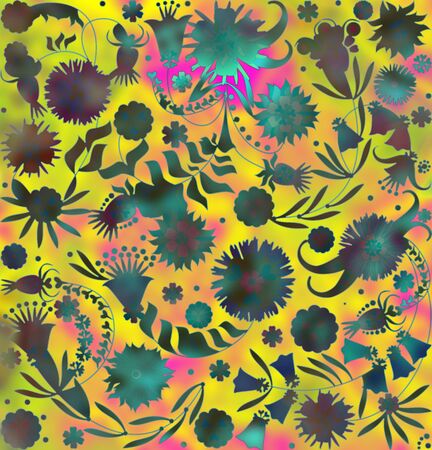 motley abstract floral pattern  on blurred yellow backgroundの写真素材
