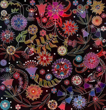 motley abstract floral pattern  on black backgroundの写真素材