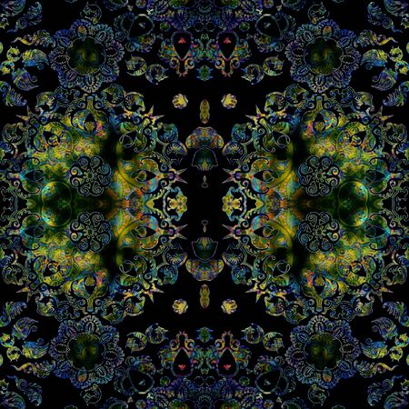 stylized floral pattern symmetrical on black backgroundの写真素材