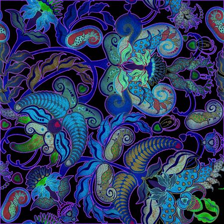 bright motley floral seamless pattern on dark backgroundの写真素材