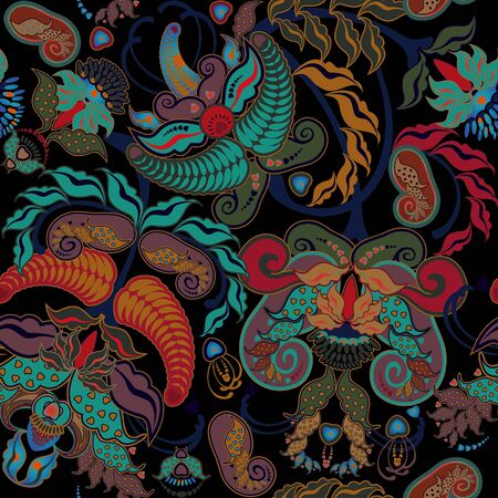 bright motley floral seamless pattern on dark backgroundの写真素材