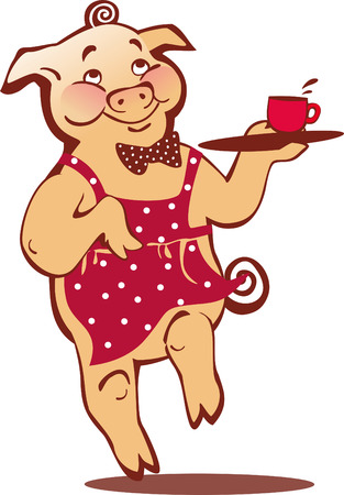 running pig with a tray and a cup of coffeeのイラスト素材