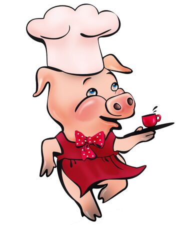 running pig with a tray and a cup of coffeeの写真素材