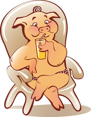 pig sitting in a beach chair with a glass of drinkのイラスト素材