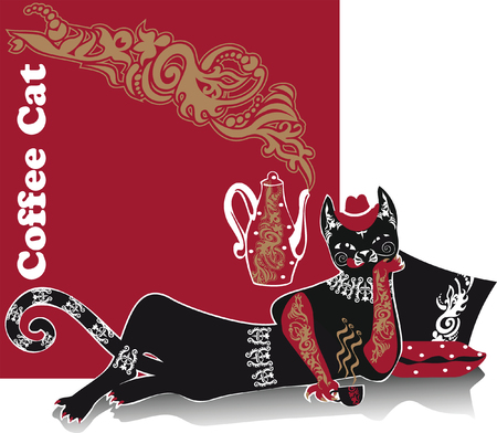 relaxation, lying cat drinks coffeeのイラスト素材