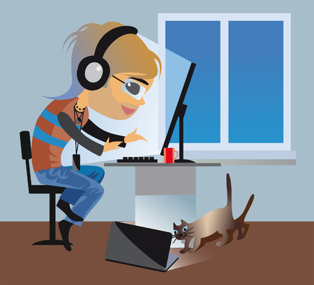 teenager sitting at the computer, listening to musicのイラスト素材