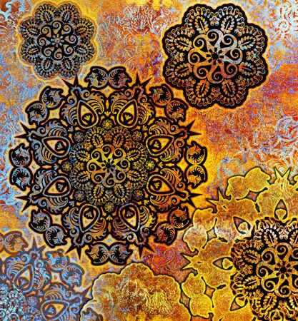 blue floral pattern on  golden backgroundの写真素材