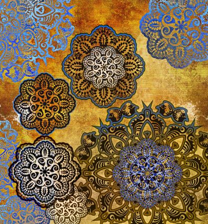 blue floral pattern on golden backgroundの写真素材
