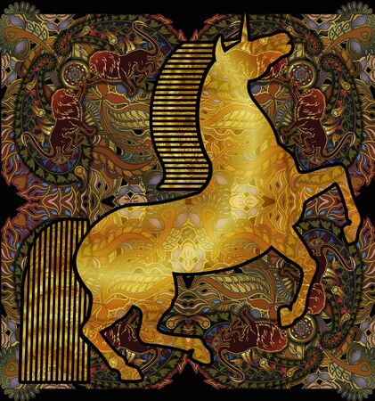 golden unicorn, floral ethnic patterned background, indian motif paisleyの写真素材