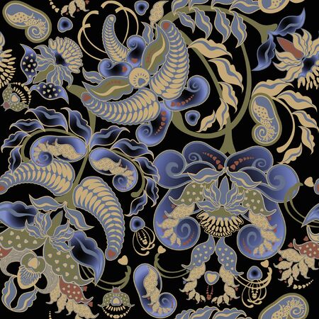 colored floral pattern on spotted black backgroundのイラスト素材