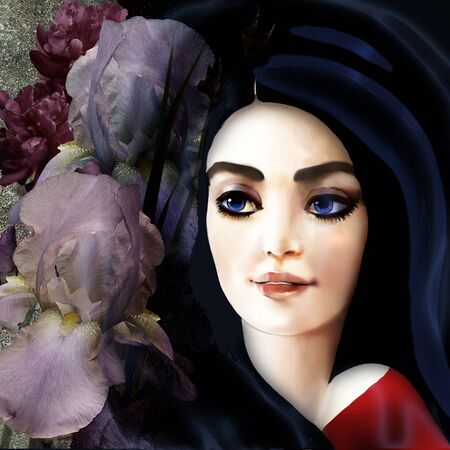 woman stylized portrait on dark backgroundの写真素材