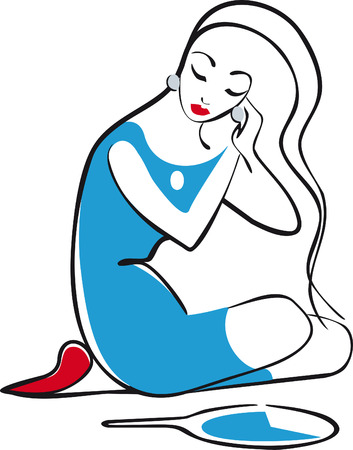sitting girl in blue trying on earrings, sketchのイラスト素材