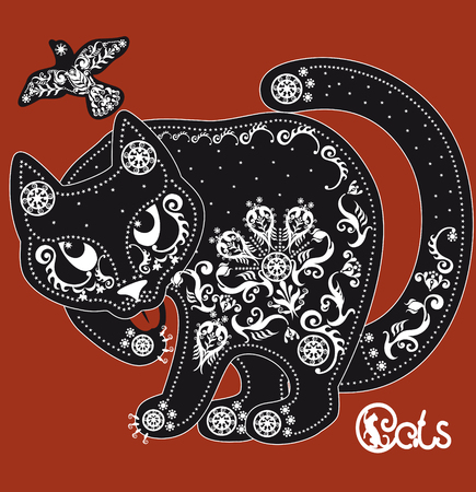 Stylized  black and white patterned cat on redのイラスト素材