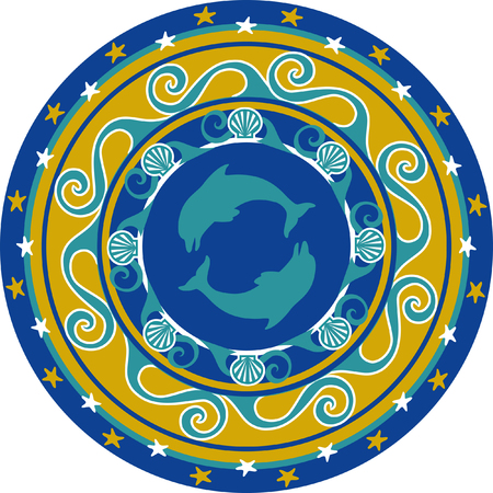 Circular ornament, delf and shell coloredのイラスト素材