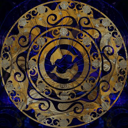circular  stencil ornament, delf and shell  coloredの写真素材