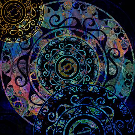 circular  stencil ornament, delf and shell  coloredの写真素材